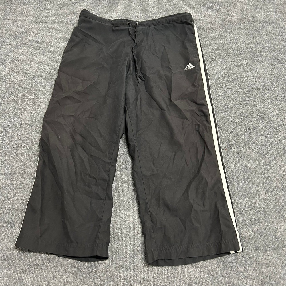 Adidas Track Pants Womens Size L Black Three Stripe Cropped Athletic Gym Joggers